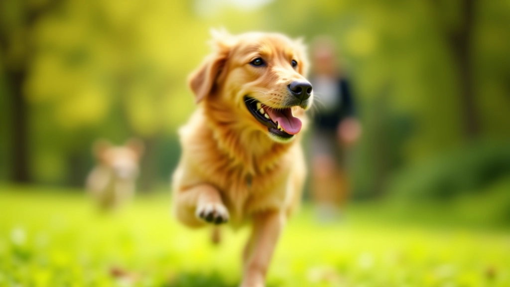Cão feliz correndo em parque verde com proprietário, luz solar natural, expressão alegre