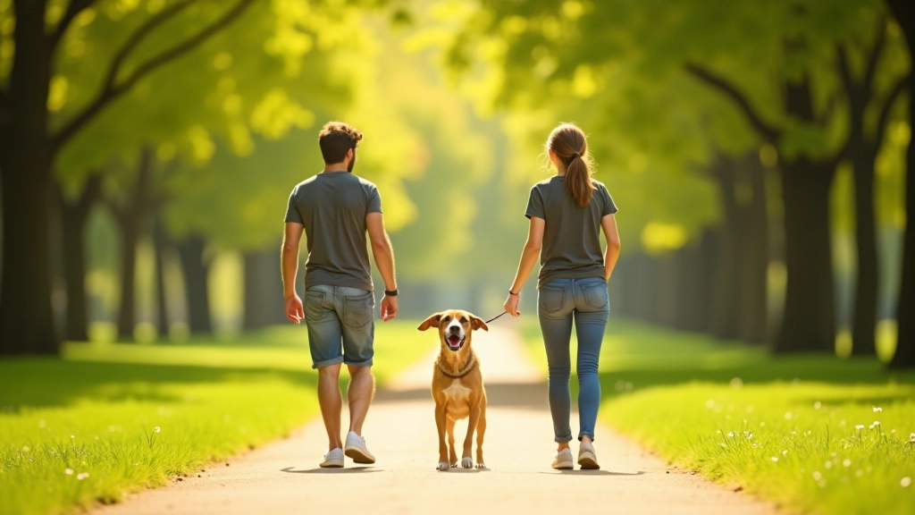 Casal jovem passeia com cão em parque verde durante manhã ensolarada, com árvores ao fundo